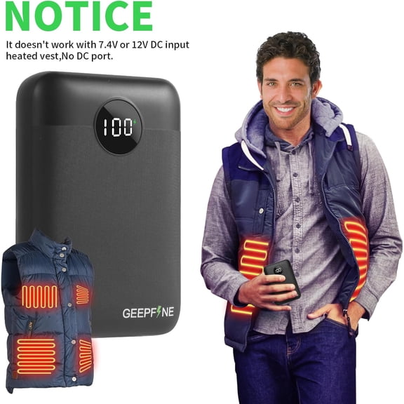 JUNCHI-Mini 5V 2A Battery Pack for Heated Vest,10000mah Lightweight Power Bank for Heated Seat,Heated Blanket,Heated Clothing,2 in 1 Function Battery Pack for Heated Vest and Phones.