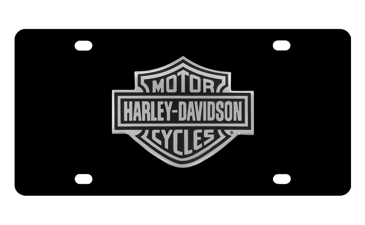 Harley Davidson Script on Bottom Harley Davidson Silver & Black Bar & Shield Logo on left Car Truck SUV License Plate Frame Black Metal 