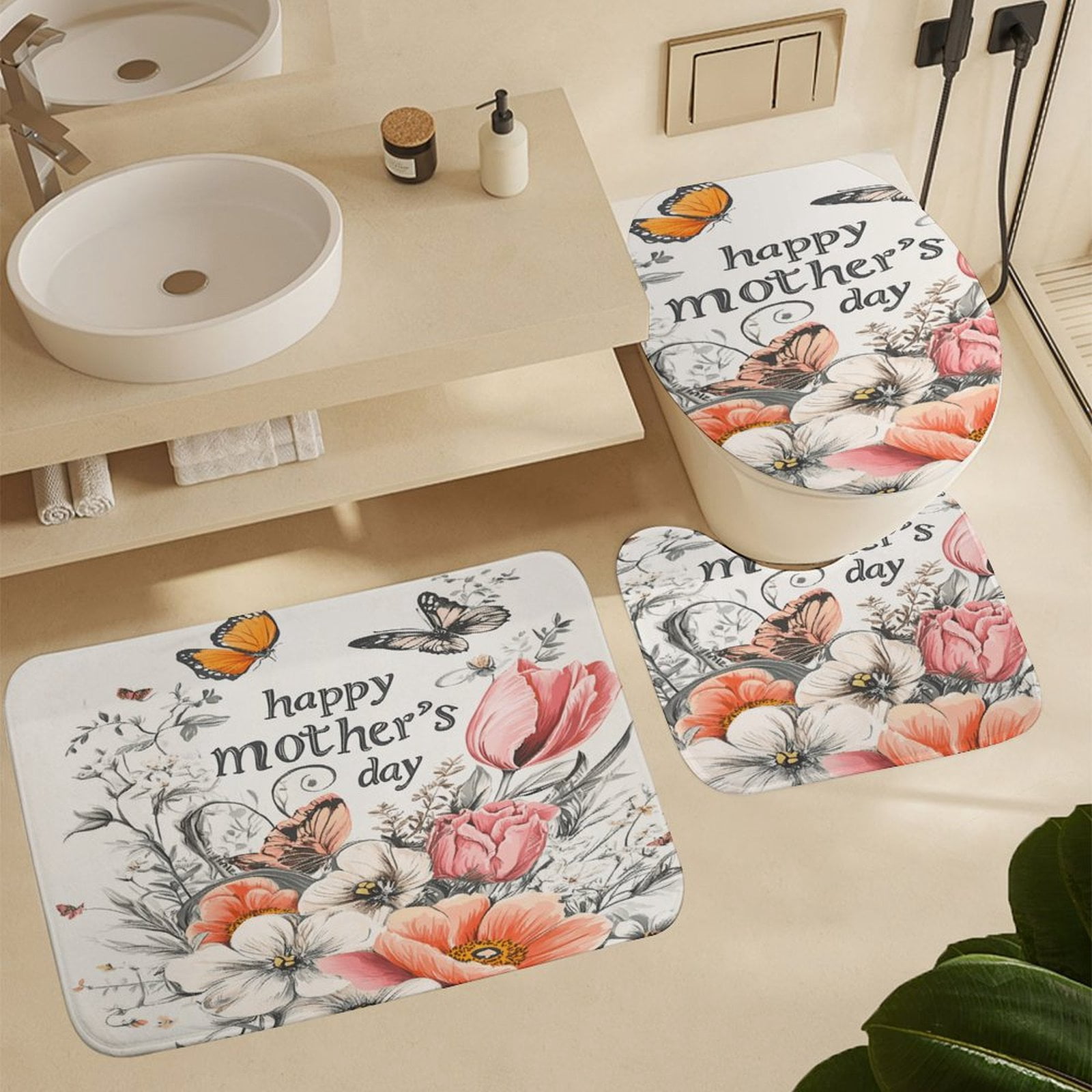 Happy Mother's Day 4Pcs Shower Curtain Set Shower Curtain Set with Carpet Bath Mat
