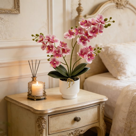 Artificial Orchid Potted | Fake Silk Flower Bonsai Tree | Home Office Desk Decor for Dining Table Centerpiece or Living Room