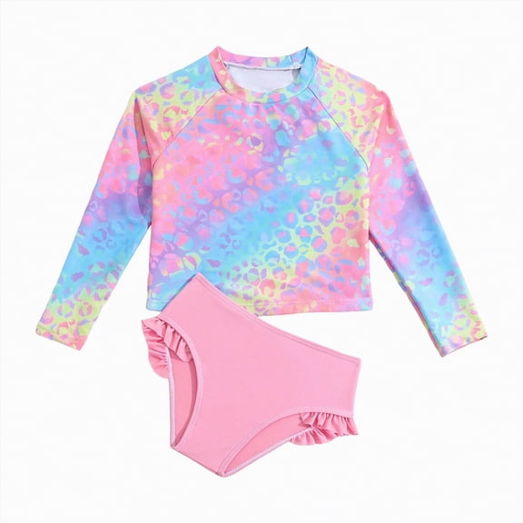 Linfrsh Girls Bathing Swimsuit Baby/Toddler Girls Long Sleeve Rash Guard 2 Piece Swimsuit Set w/UPF 50 Sun Protection with Zipper(Pink,6-7 Years)