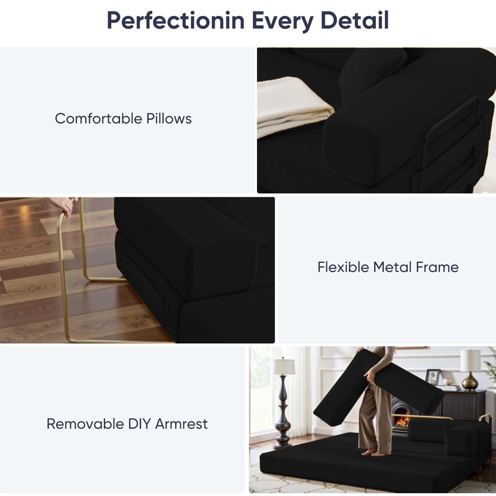 ZAFLY Folding Sofa Bed | Convertible Futon Sleeper Couch | Modern Floor Mattress | Corduroy Sofas and Couches for Living Room - Black