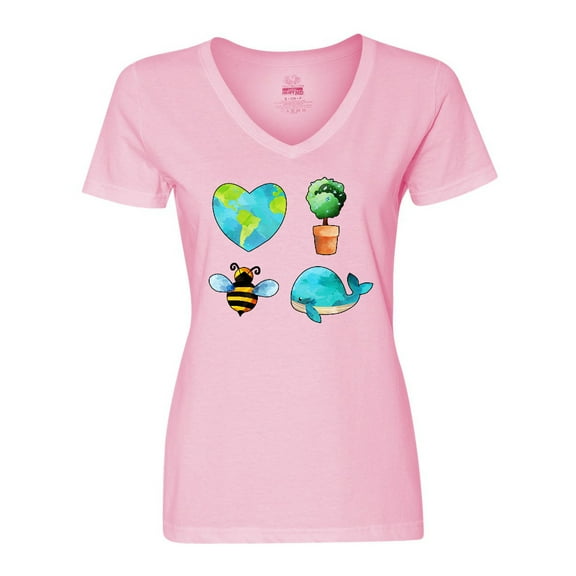 Inktastic Earth Day Plant a Tree Save the Bees Save the Seas Love Your Mother Women's V-Neck T-Shirt