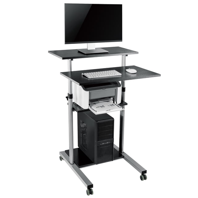 Bureau Debout Mobile Polyvalent, Poste de Travail Informatique Roulant pour Bureau à Domicile, Bureau pour Portable avec Tablette pour Imprimante et Espace pour Clavier, Hauteur Réglable