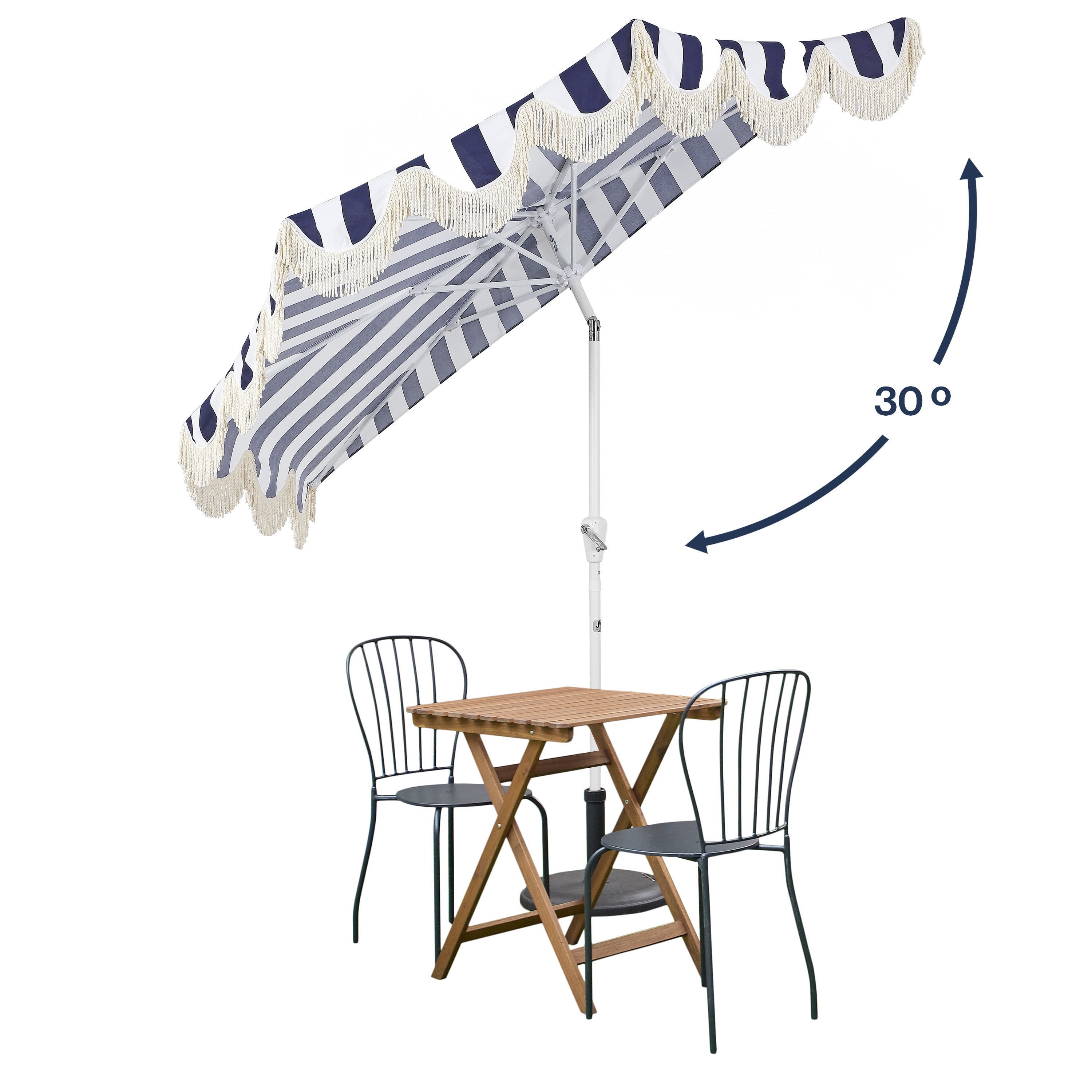 JONATHAN Y Beverly 9 ft. Half Market Patio Umbrella, Designer Classic Scalloped Fringe with Crank, Tilt Button and UV Protection, Navy/White, White Pole