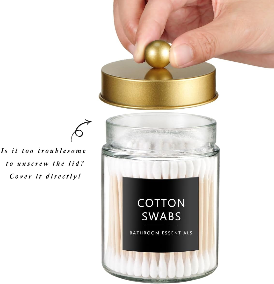 Qtip Dispenser Holder 3pcs, Glass Apothecary Jars with Stainless Steel Lids &Stickers, Countertop Canister Guest Bathroom Storage Organizer Set for Cotton Swabs/Balls, Floss Picks(Gold)