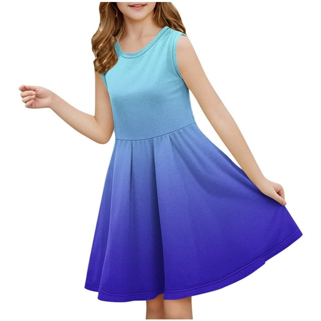 WRKEKC Robe d'Été pour Filles, Robe Décontractée pour Filles, Robe Sans Manches Extensible pour Filles, Robe de Récital d'École Patineuse à Manches Courtes Col Rond 13 Ans