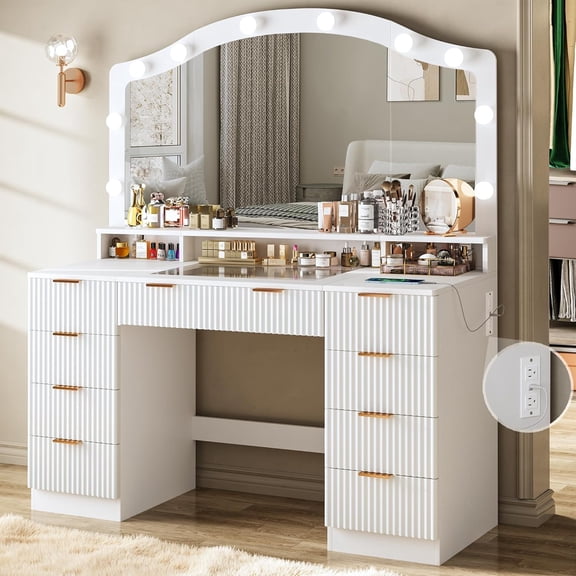 46" Fluted Vanity Desk with Large Mirror and Lights, Makeup Vanity Desk with Glass Top & Power Outlet, 9 Drawers, 3 Colors Lighting Adjustable Brightness, for Bedroom, White