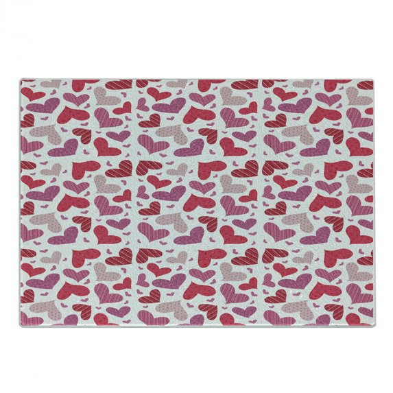 Valentines Cutting Board, Doodle Hand Drawns Love and Affection with Many Patterns, Decorative Tempered Glass Cutting and Serving Board, Small Size, Pink Ruby Dried Rose, by Ambesonne