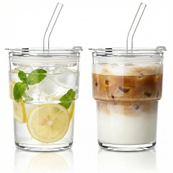 13oz Portable Glass Tumblers Set of 2, Thick Wall Glass Cups with Lid and Glass Straw, On-the-Go Coffee Cups for Iced Coffee, Tea, Milk, Hot & Cold Drinks, Travel & Daily Use