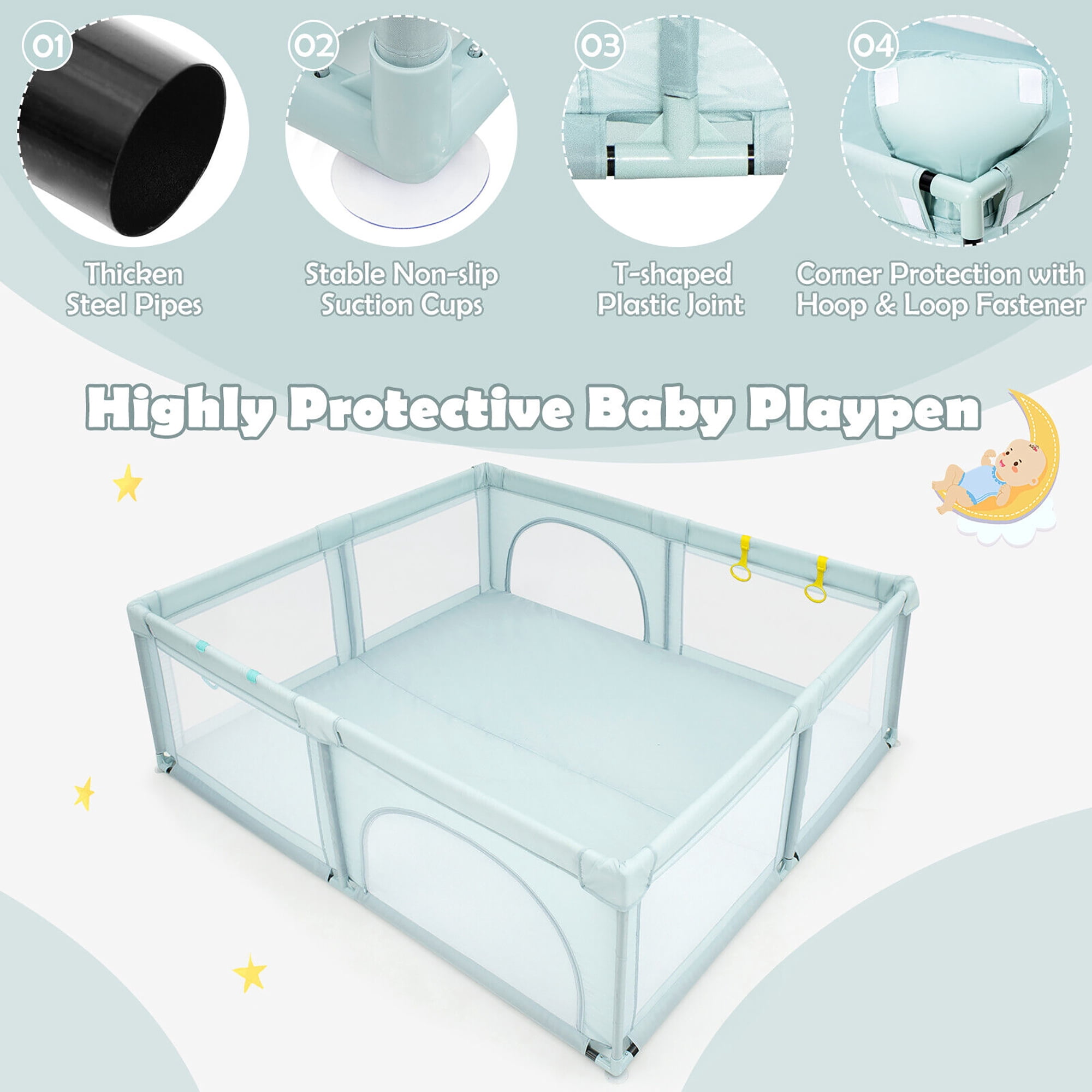 Gymax Extra Large Baby Playpen Safety Baby Play Yard w/ 50 Ocean Balls & 4 Handles Blue