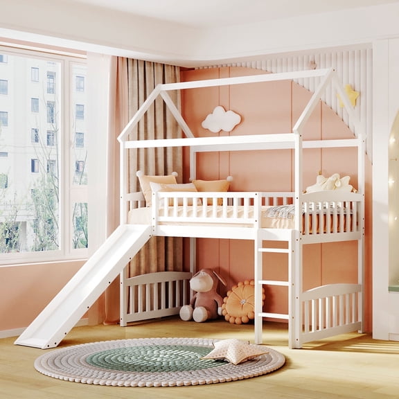 DreamBuck Wood Twin House Loft Bed with Slide, Pitched Roof and Guardrails, Twin Loft Bed for Adults, Teens, Twin Slide Bed for Boys and Girls, White