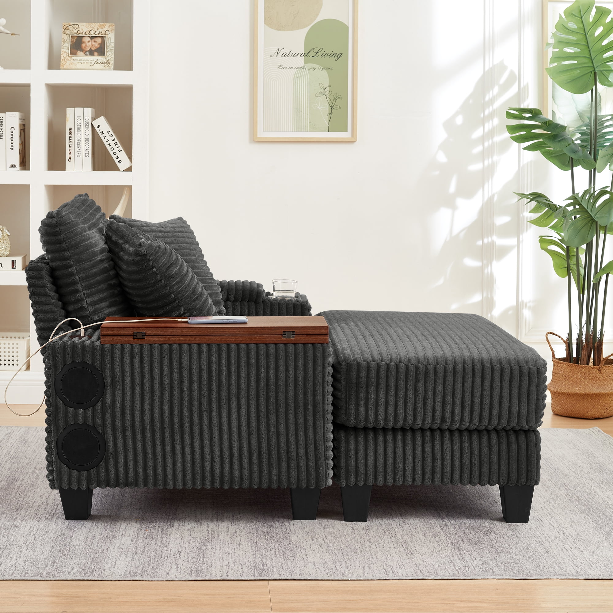 Chaise Lounge Chair Indoor,Corduroy Single Upholstered Sofa Bed with Ottoman,Cup Holder & USB Ports,180°Rotating Table Board for Living Room,Bedroom,Apartment,Dark Gray