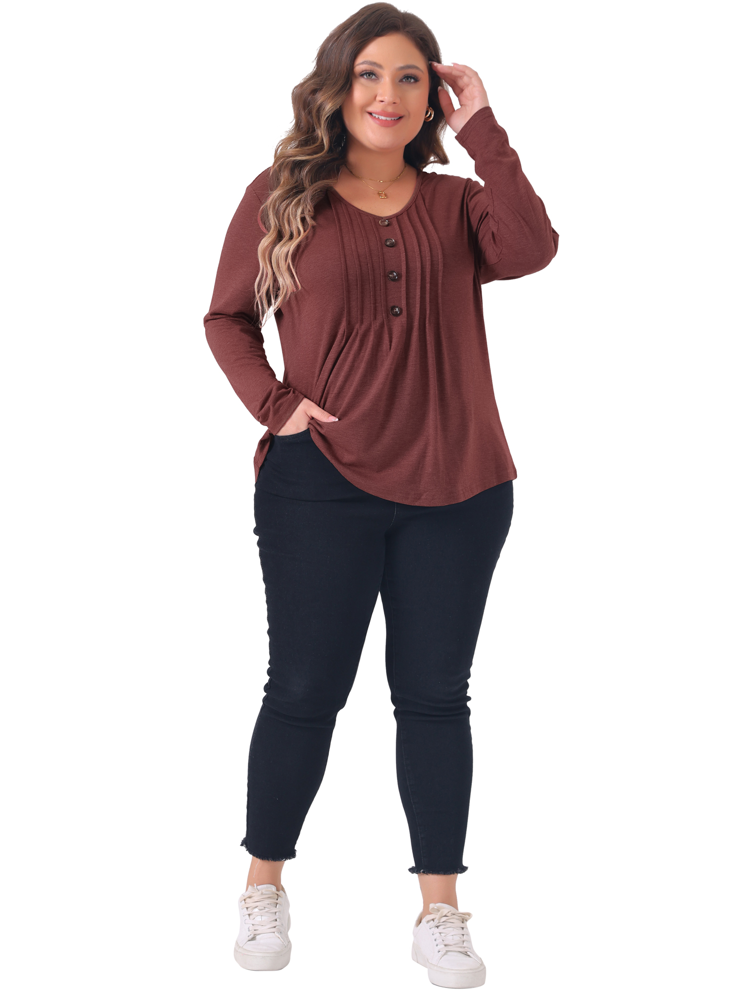 DARING DIVA Women's Plus Tops Pleated Front V Neck Button Blouses 4X Burgundy