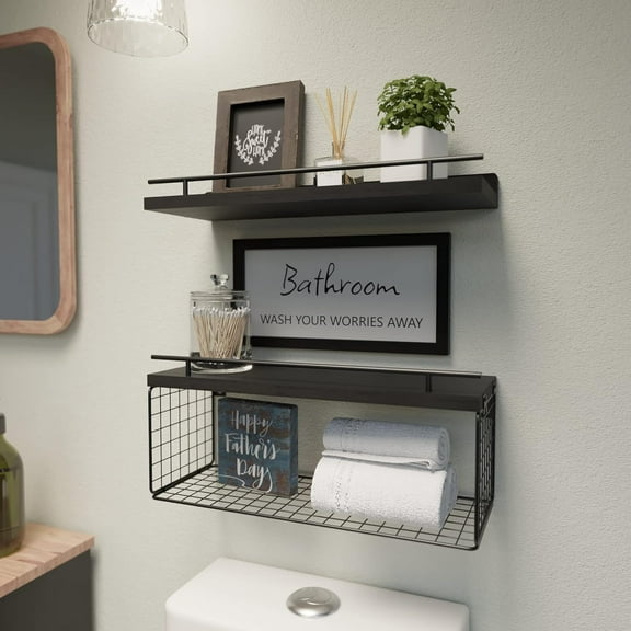 Floating Shelves for Bathroom Wall Decor Sign, Bathroom Organizers and Storage, Bathroom Shelves Over Toilet with Metal Guardrail-Black
