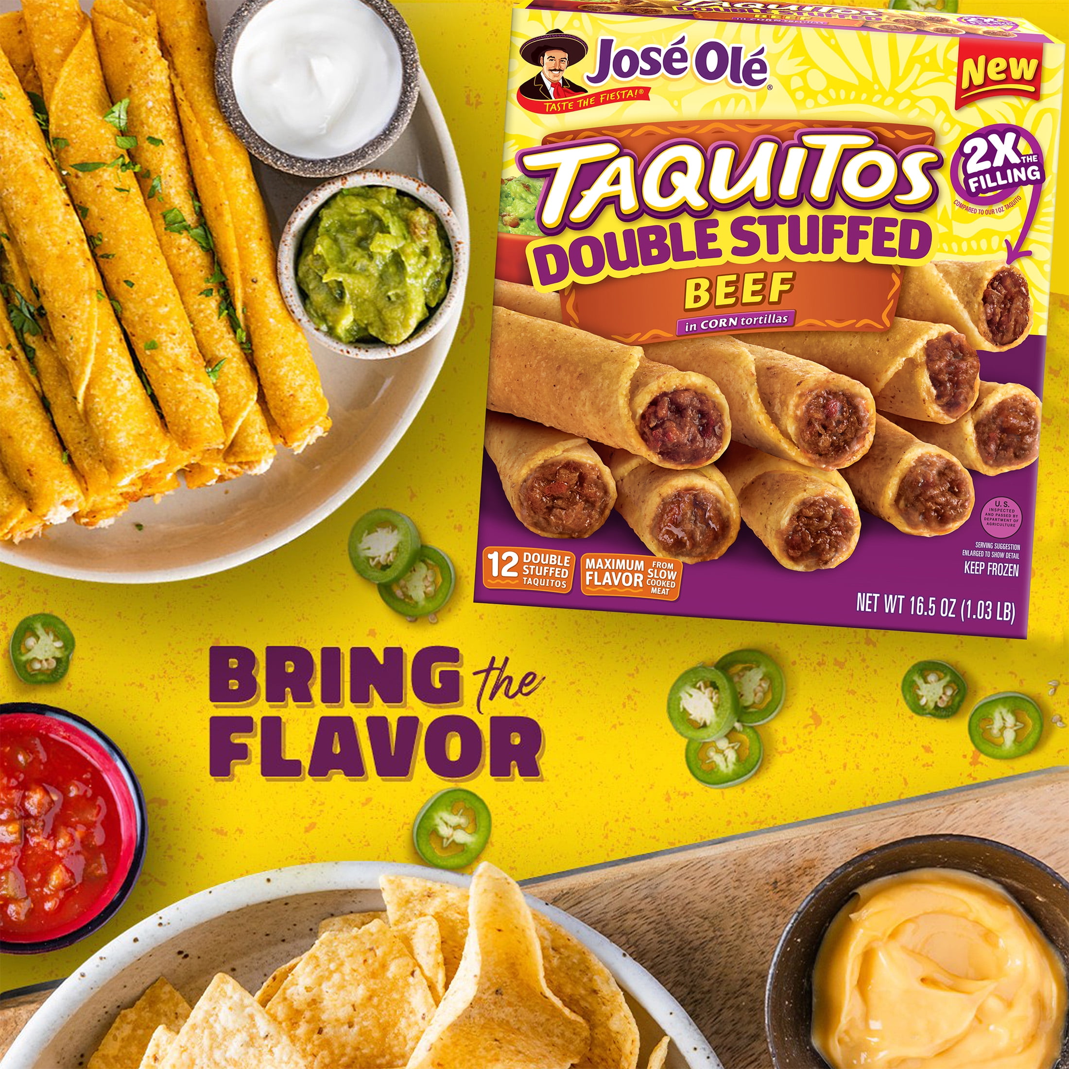 Jose Ole Double Stuffed Beef Taquitos, Corn Tortillas, Frozen Mexican Food, 16.5 oz