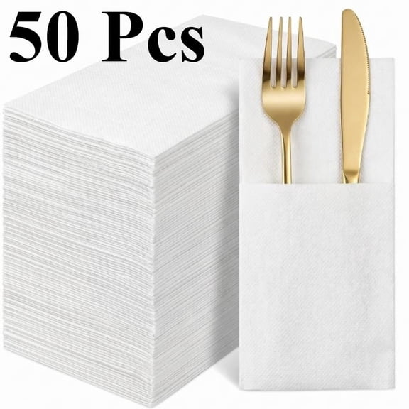 50 Pack White Linen-Feel Disposable Napkins, Prefolded with Flatware Pocket for Wedding Dinner & Daily Party Use