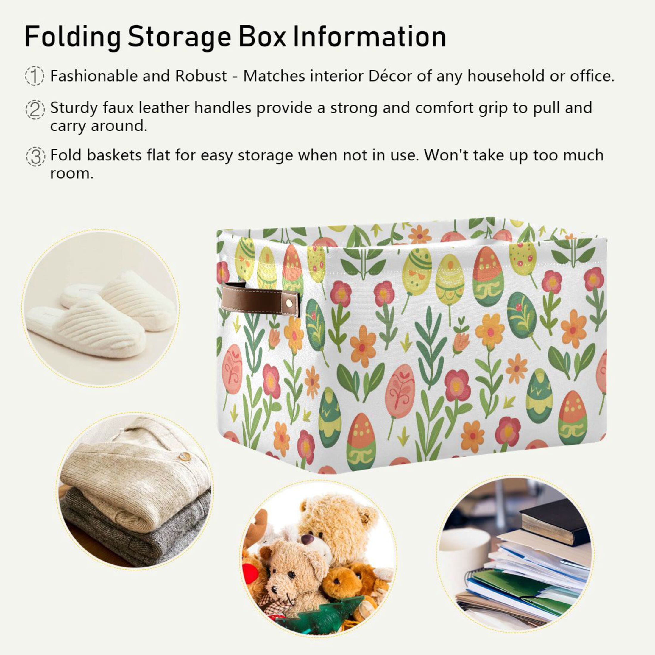 Flower and Easter Eggs Storage Bins with Handle Fabric Organizer Basket Foldable Box 2 Pack 14.2x10.2x8.3