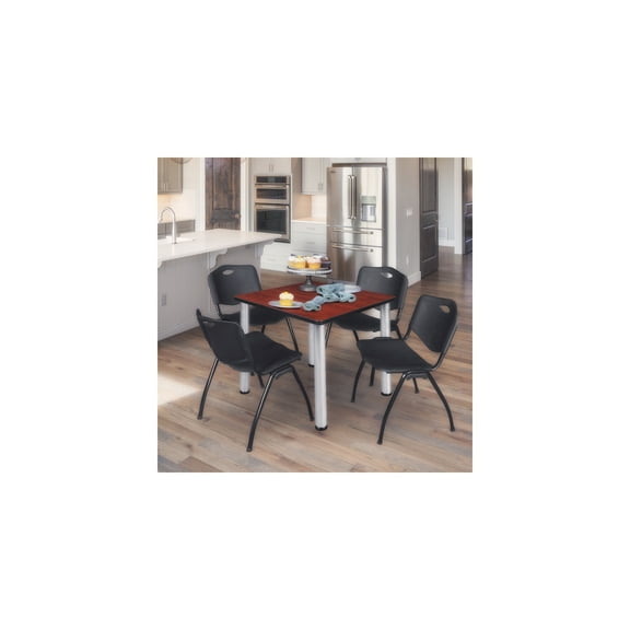 Maykoosh Gothic Glamour Comfort 30" Square Breakroom Table, Cherry/Chrome, with 4 'M' Stack Chairs, 30" x 30" x 29", Black Ideal for Offices, Cafeterias, and Dining Areas, Durable and Stylish