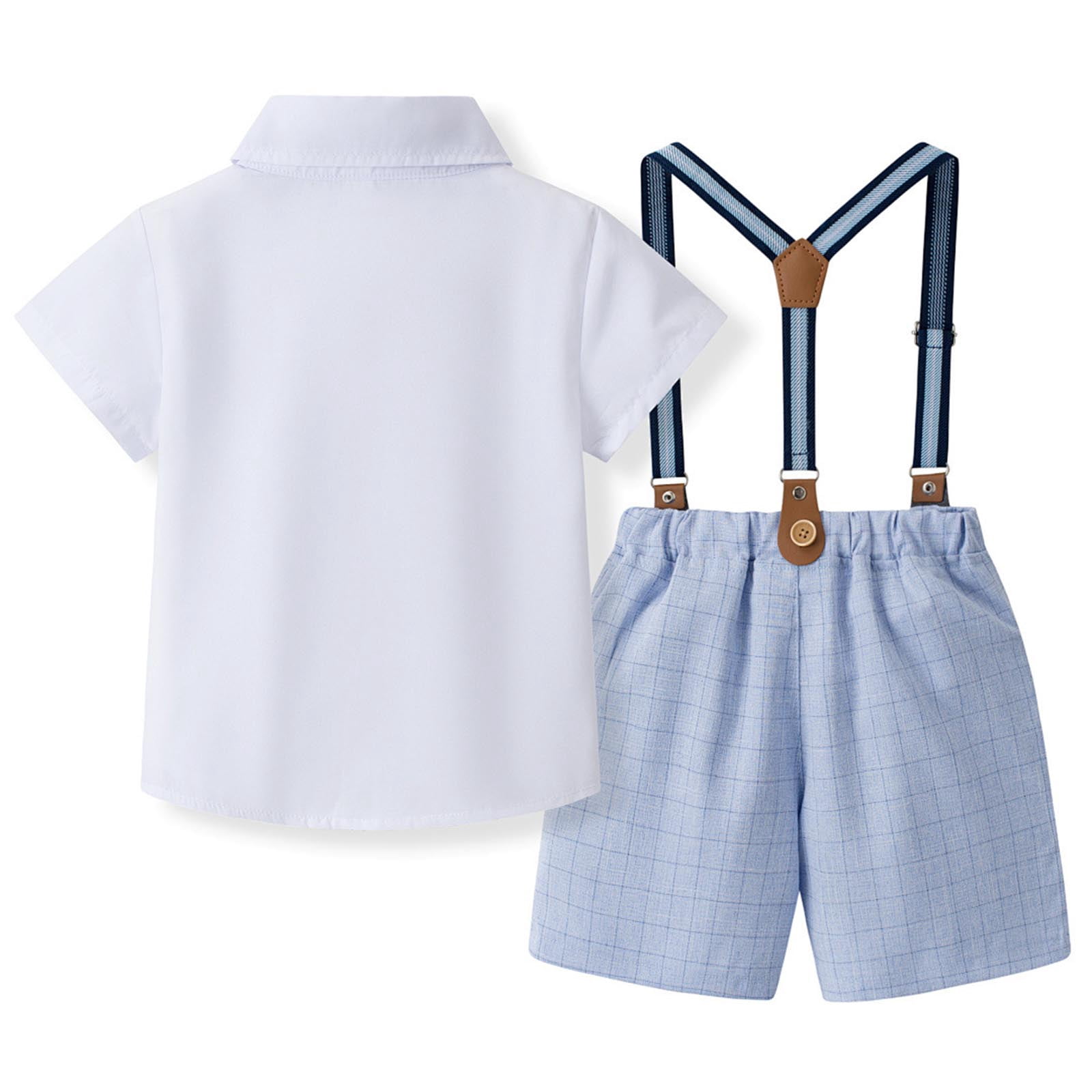 Wxirdiow Baby Boy Formal Outfits Baby Boy Suit Wedding Outfits Short Sleeve Bowtie Shirt Suspender Summer Gentleman Shorts Sets Light Blue Size,3-4 Years