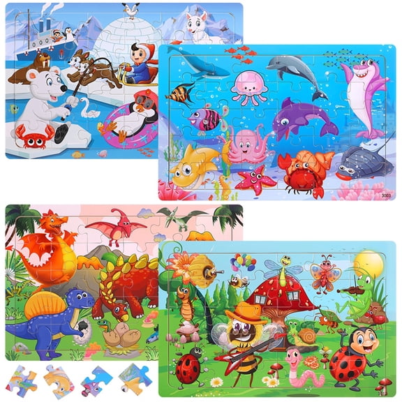 sixwipe 4 Pcs Wooden Puzzles for Kids, 30 Pieces Jigsaw Puzzles Each, Preschool Educational Toys Gifts for Boys Girls Aged 3 , Animal Wood Puzzles for Children (8.86 x 5.91 inches)