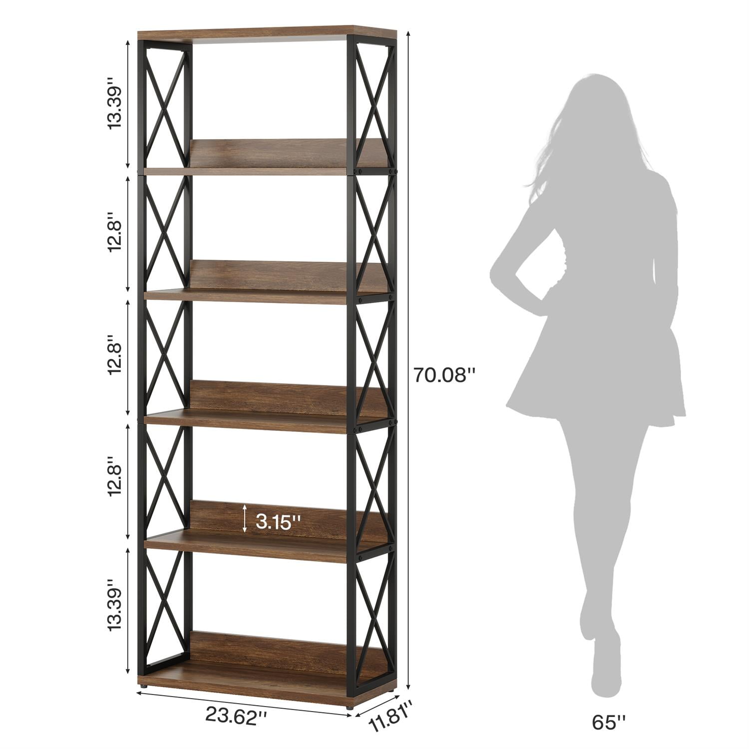 Demi Bonn 69" Industrial 5-Tier Wooden Metal Bookcase Storage Shelf, Home Office Storage Solution, Strong & Durable, Brown