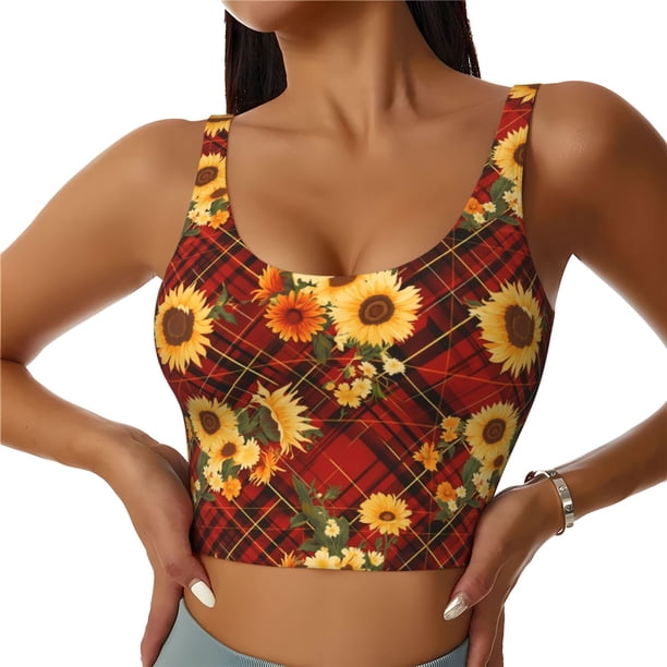 Fotbe Red Plaid Sunflower Sujetador Deportivo Largo sin Aros para Mujer con Almohadillas y Soporte Medio, Transpirable y Absorbente, Camiseta Tipo Chaleco o Tank Top-Small