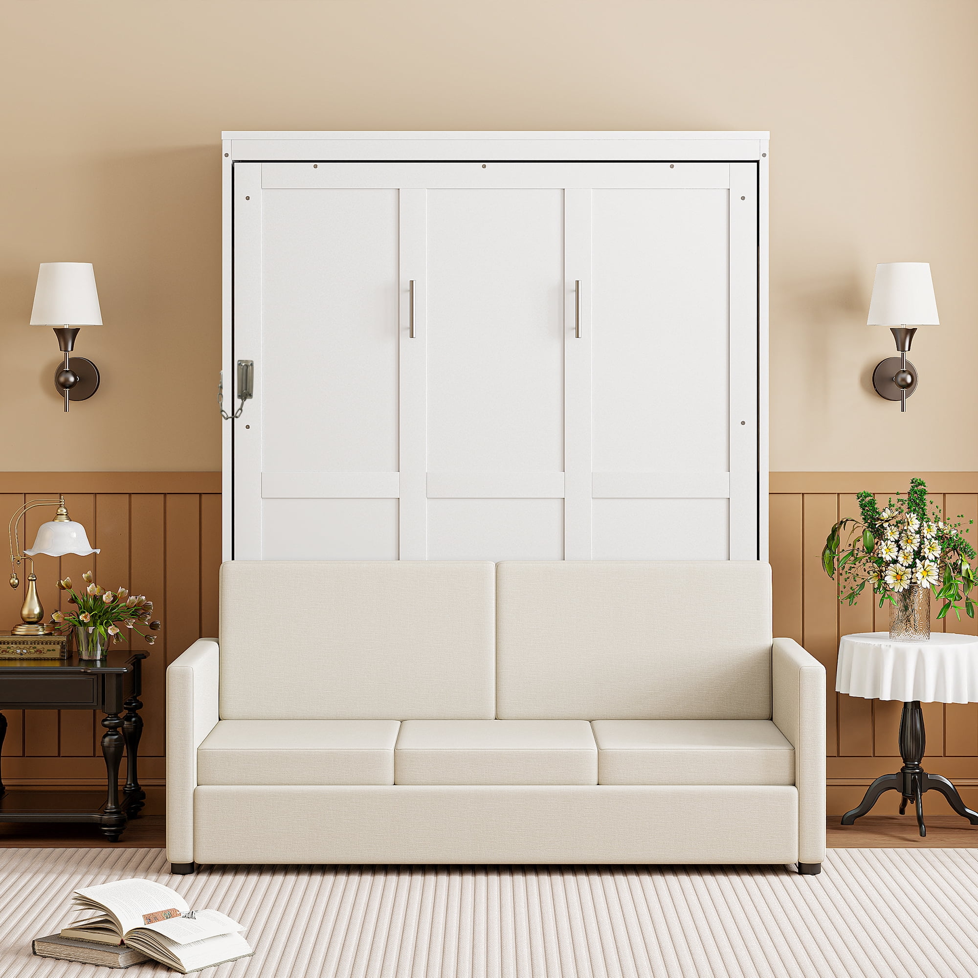 Mintazer Full Murphy Bed with Sofa, Modern Foldable Wall Bed for Bedroom Apartment Guest Room, White