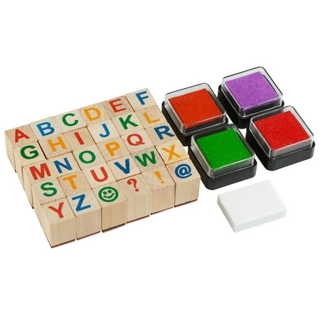 Moore: Premium Wooden Alphabet Stamp Set - 34 piece set of Uppercase Letters Stamps With 4 Color Ink Pads