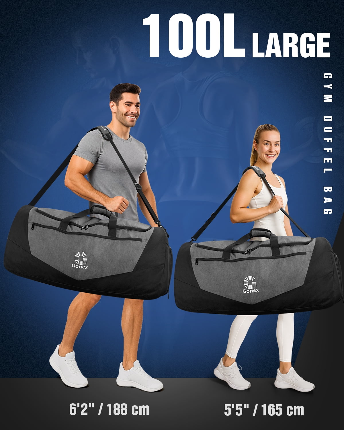 Gonex 100L Gym Bag for Men Women, Water-Resistant Extra Large Sports Duffel Bag with Shoe Compartment & Wet Pocket for Fitness, Travel, Weeklong Trips