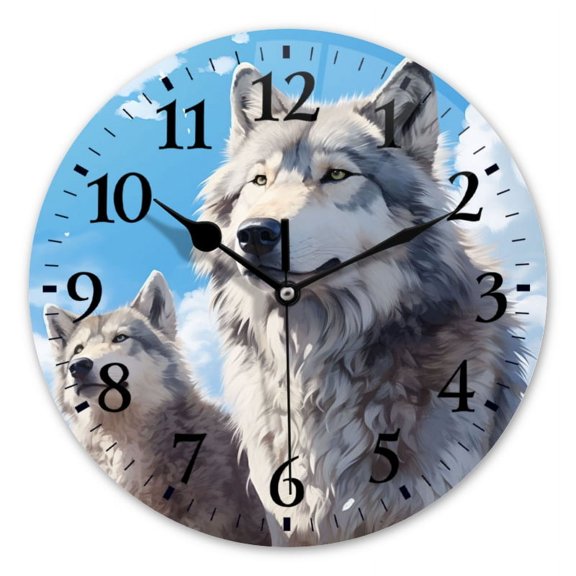 Non-Ticking Silent Wall Clocks Battery Operated Personalized Decor Clock for Bathroom,Office-White Wolf And Cubs In The Blue Sky(10inch)