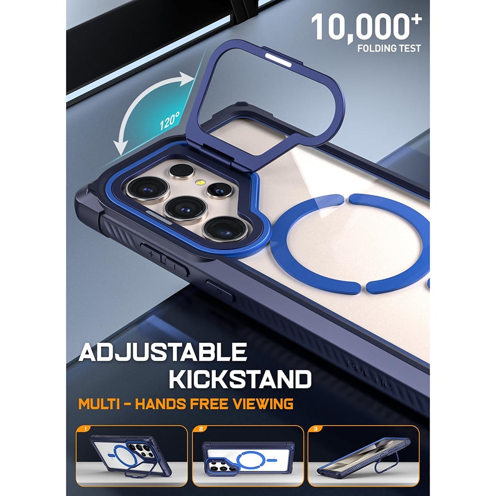 Poetic Guardian Case for Samsung Galaxy S24 Ultra 6.8", [Built-in Camera Stand] [Screen Protector Work with Fingerprint ID] Full Body Shockproof Protective Rugged Clear Cover, Blue/Clear