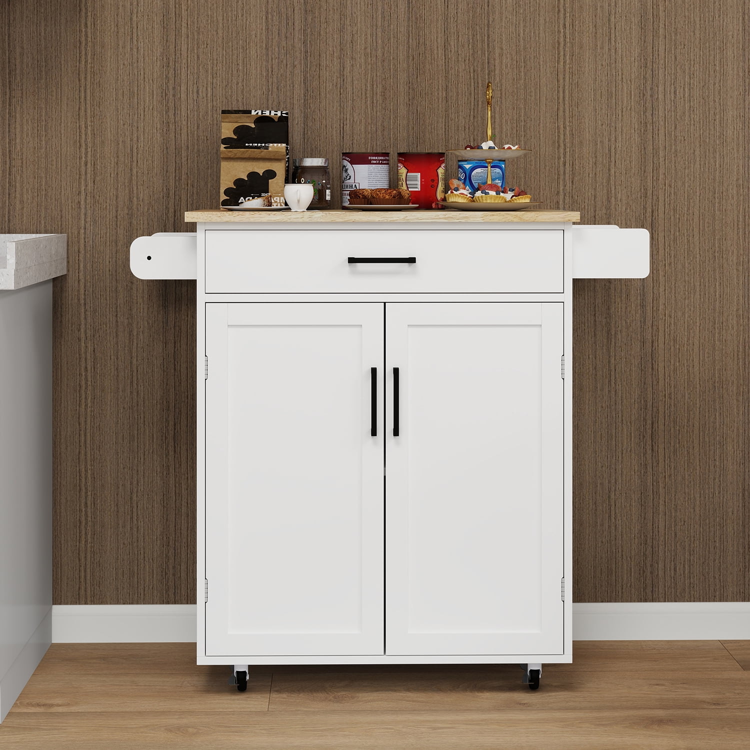 MDQMD Kitchen Carts on Wheels,Kitchen Island Cart with 1 Drawer & 2 Doors with Spice Rack & Towel Rack,Large Storage Cabinet White