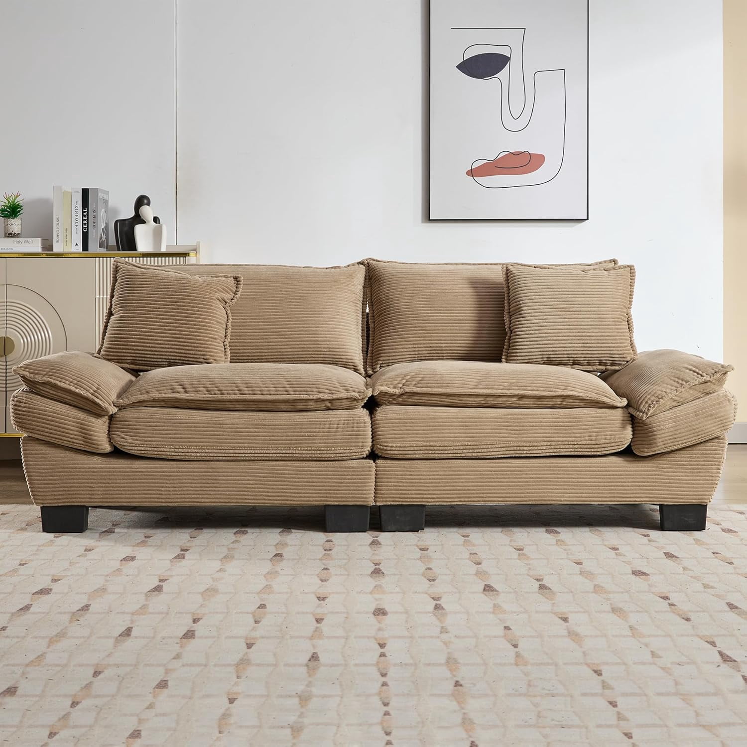 AENKYO 84" Corduroy Loveseat Sofa with Pillows, Modern 2-Seater Couch for Living Room,Khaki
