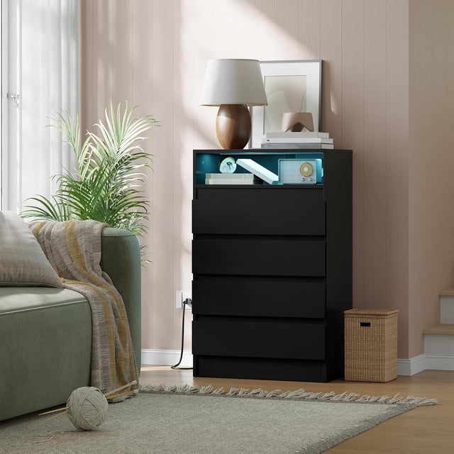 Commode Double à 4 Tiroirs avec Prise de Courant, Commodes d'Appoint avec Lumière DEL, Commode de Rangement Moderne avec Station de Recharge, Noir