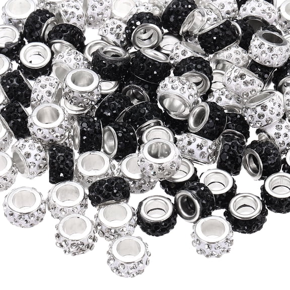 100 Pcs Large Hole Bead, 12mm Rhinestone European Beads for Bracelet Jewelry Making, Pen Crafts (Black/White)