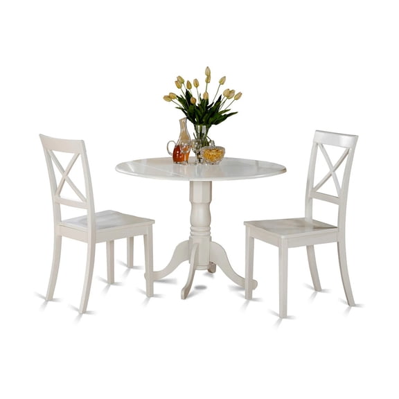 CARTESIAN 42 Inch Round Drop Leaf Dining Table Set with 2 X-Back Chairs, Linen White, 3 Piece Traditional Kitchen Set, Asian Woo