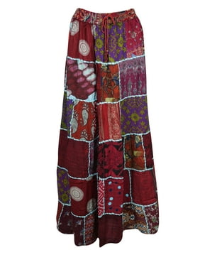Mogul Women's Patchwork Vintage Long Skirt Rayon Indian Dori Maxi Skirts