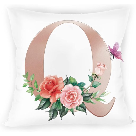 Alphabet Initial Letter Q Floral Throw Pillow Cover 18x18 Inch, Decorative Monogrammed Rose Butterfly Flower Pillowcase for Bed Sofa Couch, Aesthetic Feminine Girls Velvet Cushion Case (Q)