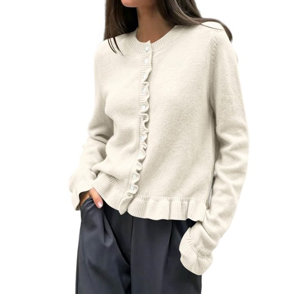 gbyLJF Womens Ruffer Sweater Cardigan Button Down Long Sleeve Crew Neck Cropped Knitted Tops White