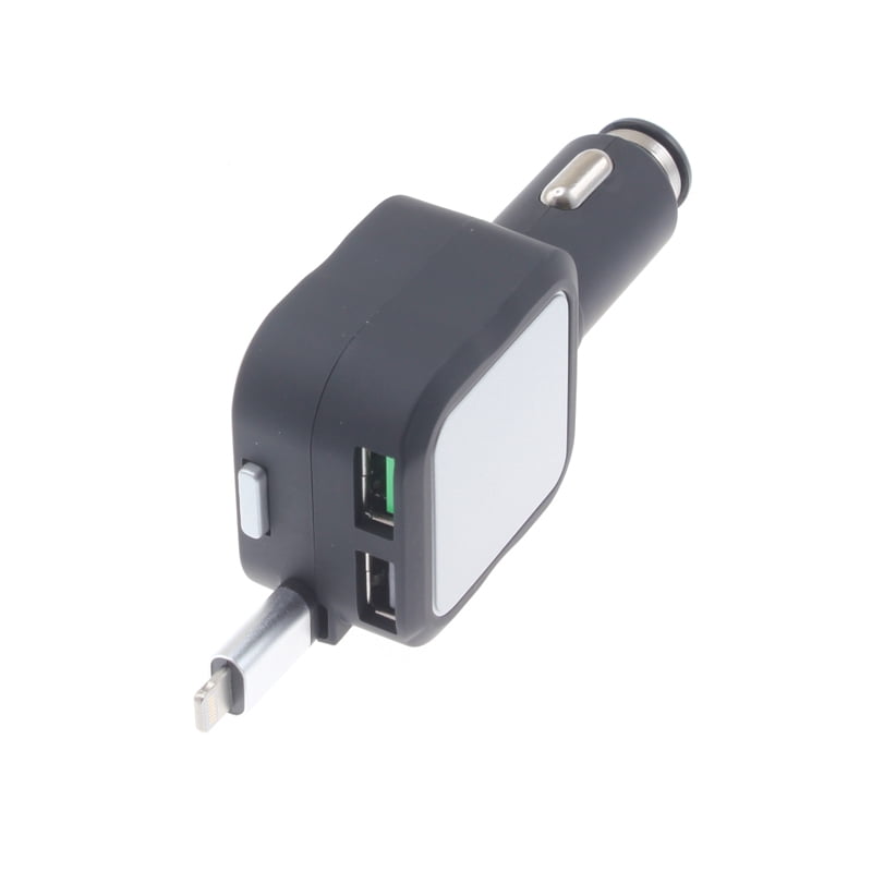 Car Charger Retractable for iPhone SE (2020)/SE (2022) - 4.8Amp 2-Port USB Fast Charge DC Power Adapter
