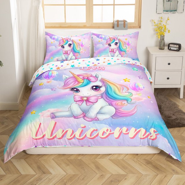 Erosebridal Housse de Couette Licorne pour Filles, Imprimé Étoiles Réversible, Ultra Douce 2 Pcs (Sans Couette)