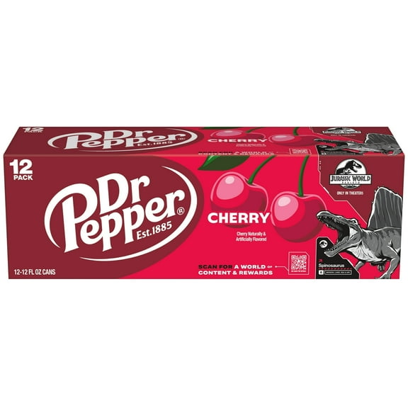 Dr Pepper Cherry Soda Pop, 12 fl oz, 12 Pack Cans, Jurassic World Rebirth Limited Edition