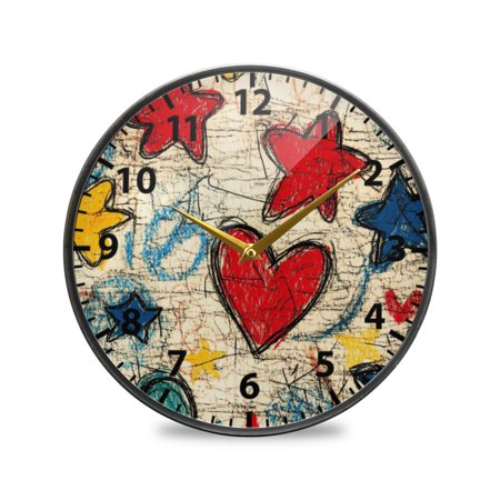 Hand Drawn Style Pattern Wall Clock Modern Decor Acrylic Clock Golden Hands 9.5in