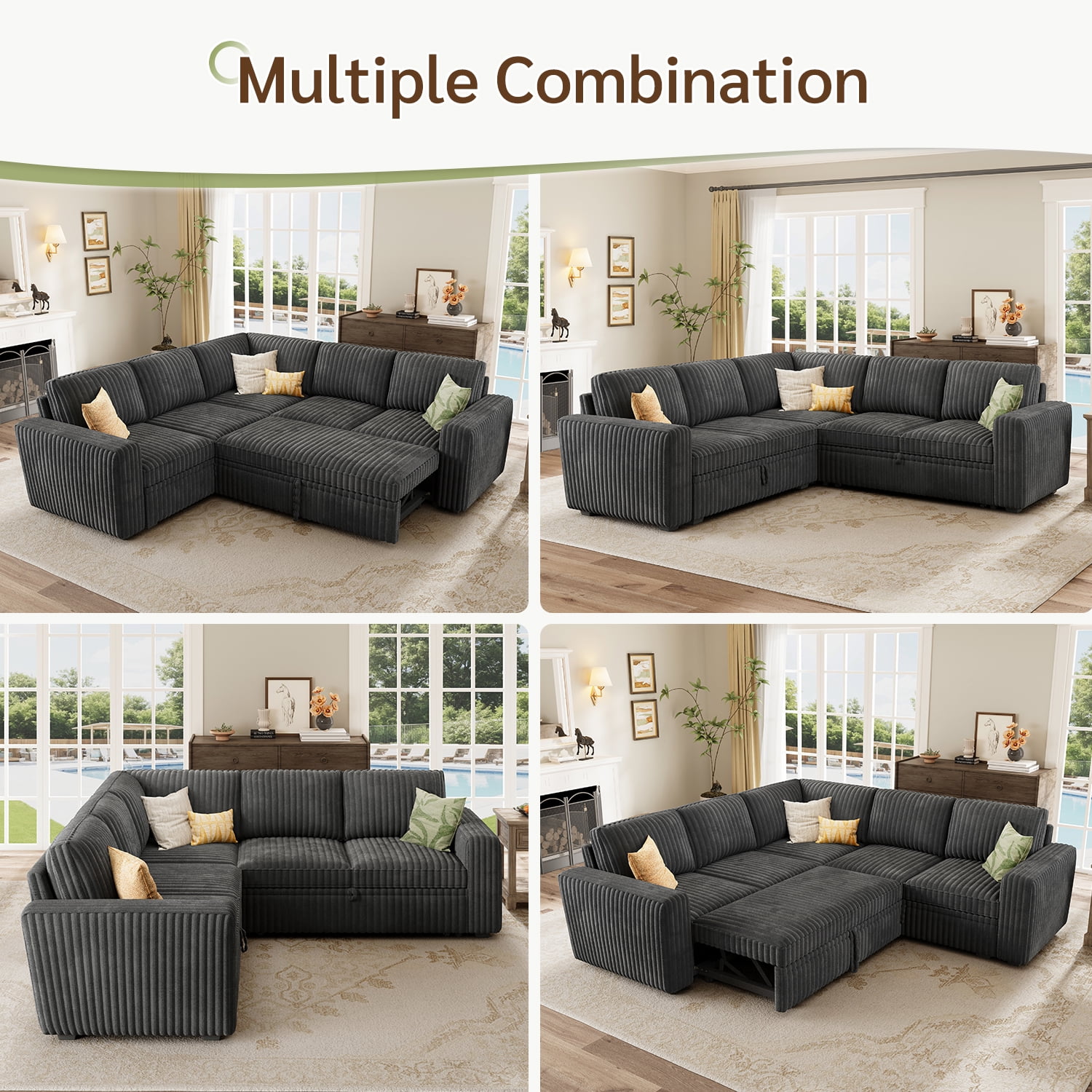 Marrber 84" Large Sectional Sofa with Pull-Out Sleeper Bed, Reversible Chaise & Hidden Storage, Pet-friendly Corduroy for Living Room, Gray