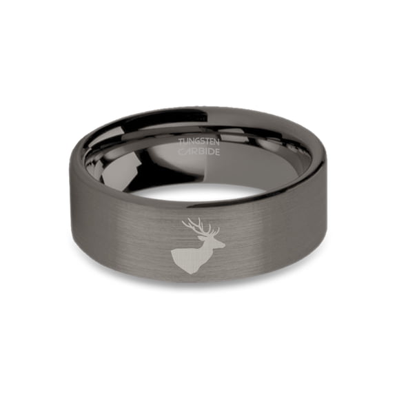 Deer Stag with Antlers Engraved Brushed Gunmetal Tungsten Ring, 8mm, Size 15