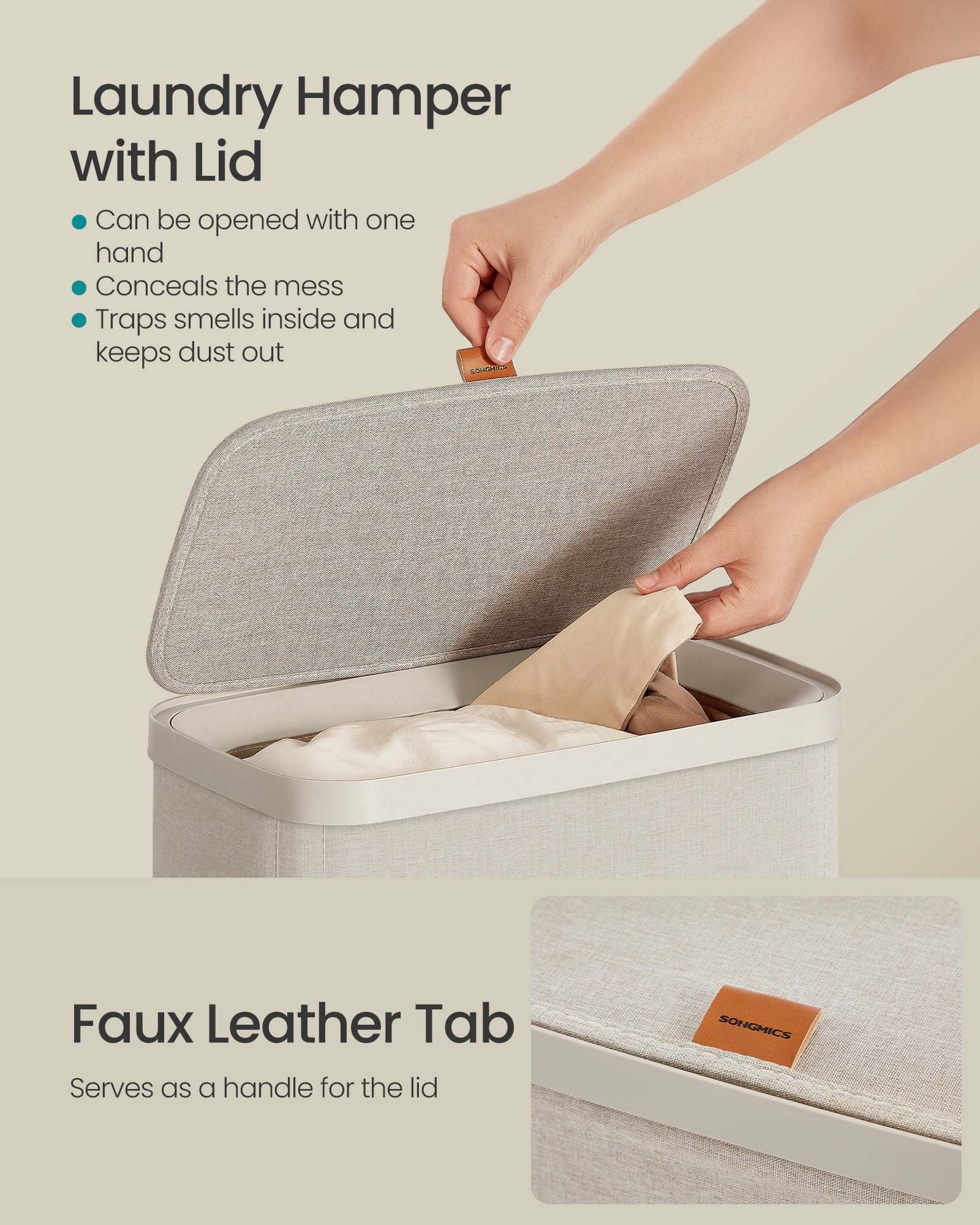 SONGMICS Laundry Basket, 17.2 Gal. Laundry Hamper, Easy Assembly, with Lid and Handles, Removable Liner, 15.4 x 8.7 x 29.5 Inches, Cappuccino Beige