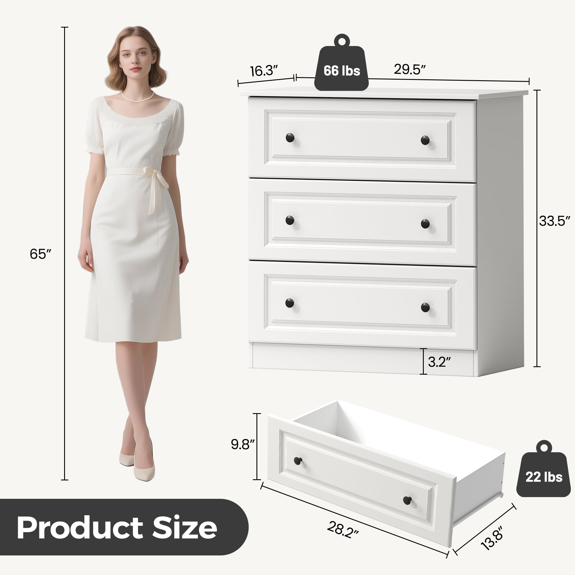 3 Drawer Dresser for Bedroom, White Storage Chest for Home Office & Kids Room, Space Saving Furniture with Smooth Gliding Drawers, Modern Narrow Organizer