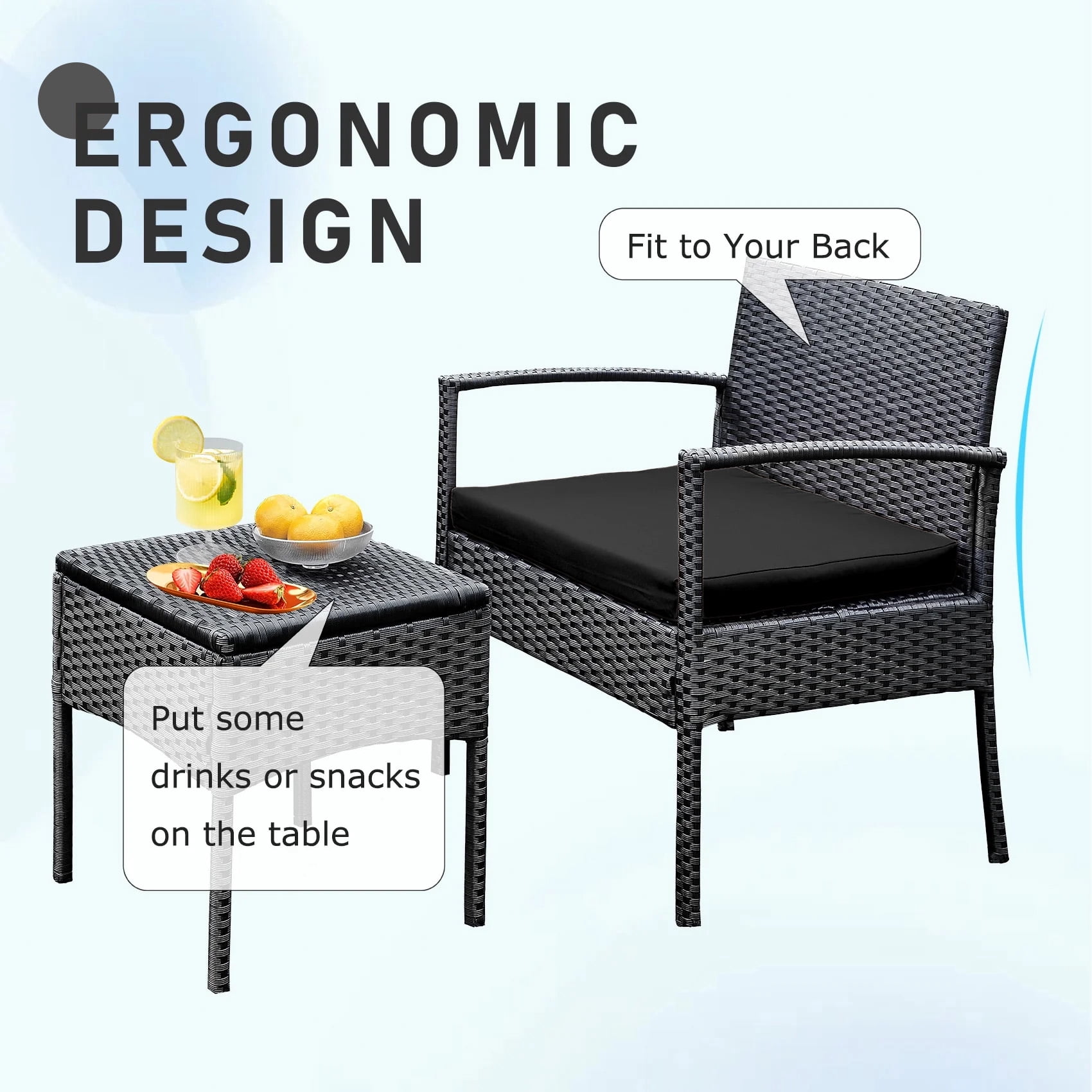 Tappio Outdoor Furniture 3 Piece Patio Bistro Furniture Set, Rattan Conversation Chairs Set with Side Table and Cushions, Patio Furniture Sets for Balcony Garden Porch, Black