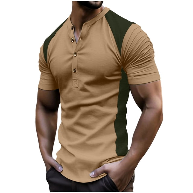 Tops para hombre, blusas y camisas de manga corta con cuello redondo para hombre, blusa informal con botones y cuello redondo de color liso para hombre.